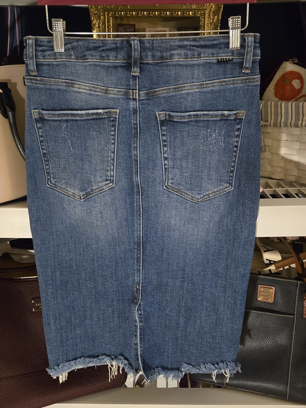 Risen Jeans Denim Distressed Pencil Skirt - Blue - Picture 3 of 9